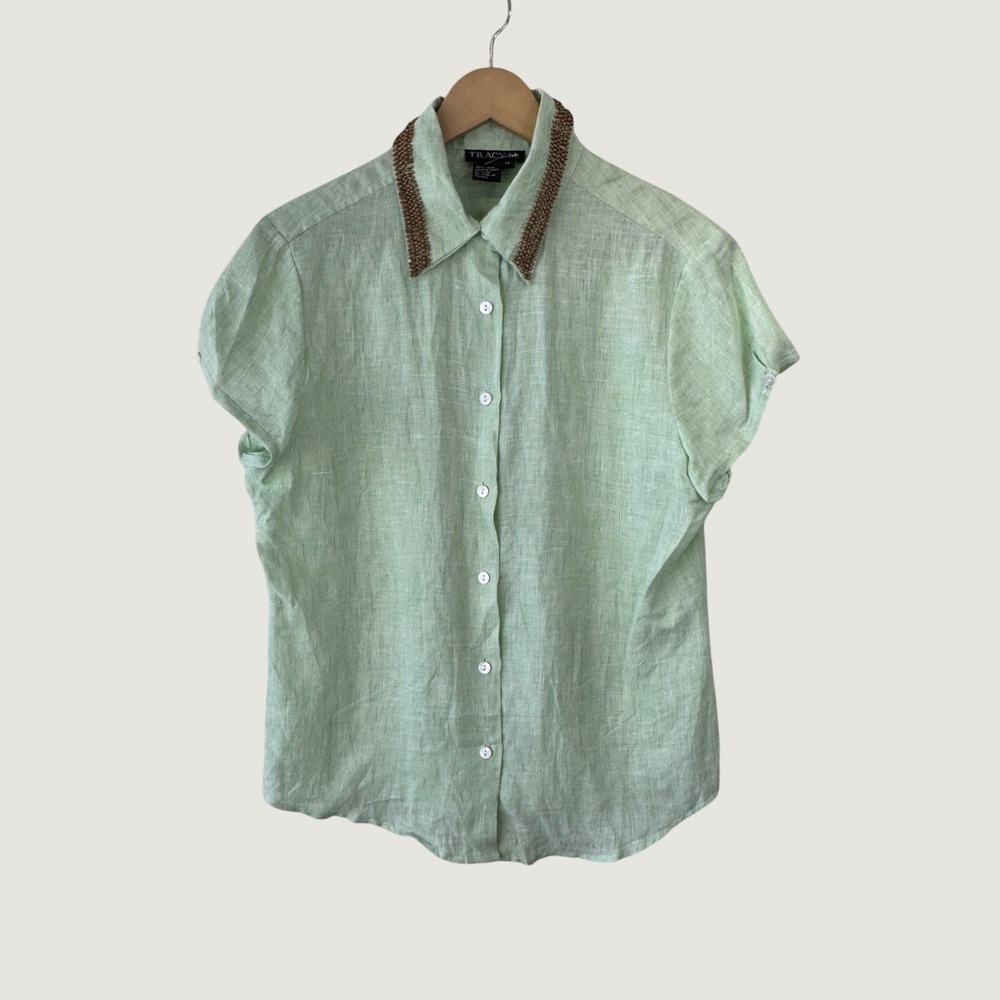 Tracy M Linen Shirt‎ M Green Beaded Collar Button Down Boho Cottagecore Chic